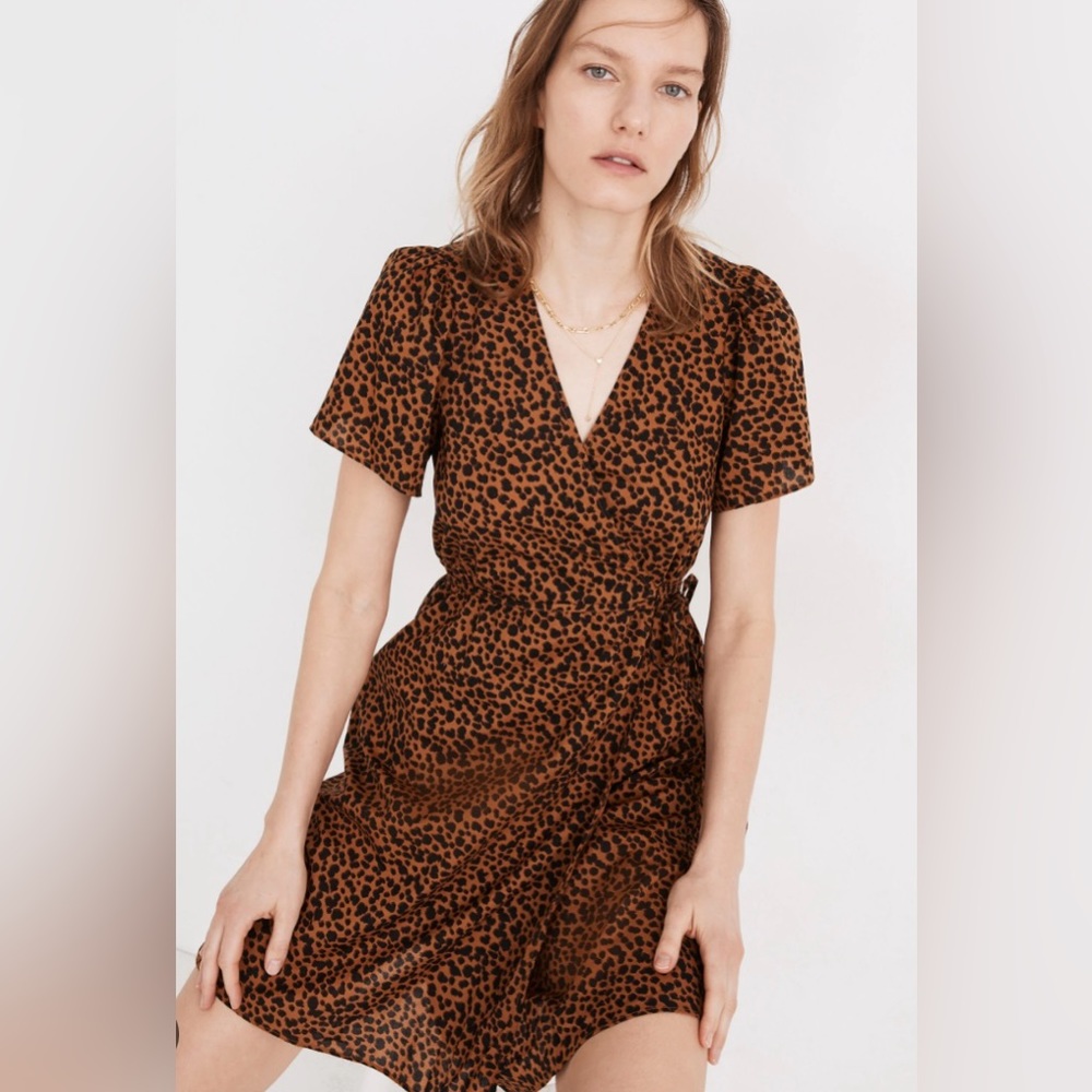 Madewell Flutter Sleeve Wrap Mini Dress in Painted Leopard